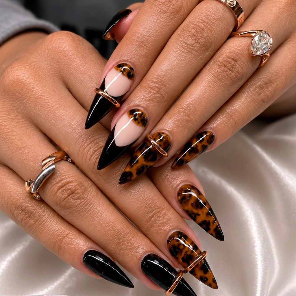Black and tortoiseshell leopard stiletto nails with gold accents